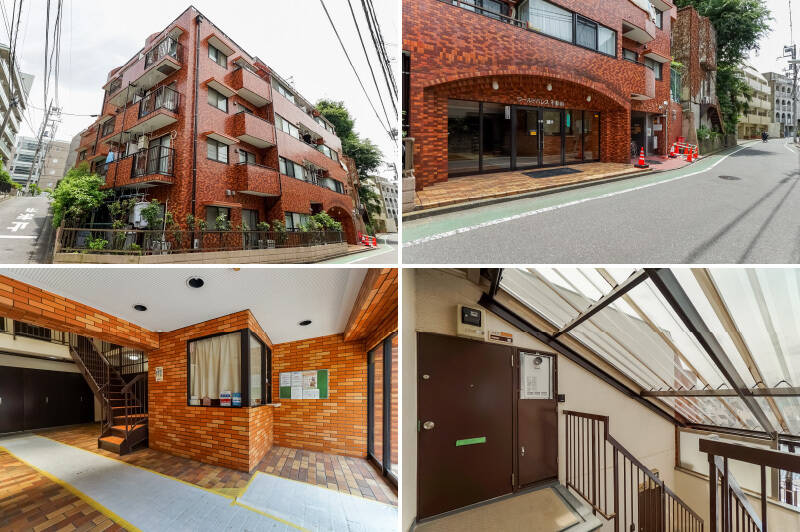 <b>左上・</b>閑静な住宅街に佇む、総戸数40戸の中規模マンション。1984年竣工で新耐震基準に適合しているのは大きな安心材料ですね。直近では2024年に大規模修繕を完了しています。外壁タイルもなかなかキレイです◎／<b>右上・</b>アーチを描くデザインのエントランス。隣が駐輪場です。／<b>左下・</b>共用部には大きな吹き抜けがあり、空間がほんのり発光しているよう。なぜなら……／<b>右下・</b>住戸のある6階の透明な傾斜天井から、自然光が降り注ぐからです！ 最上階らしい特別感のある仕様に胸キュン。ちょっと暑いのはご愛嬌です。
