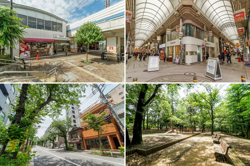 <b>左上・</b>最寄りは東急目黒線「不動前」駅で、徒歩7分の距離。物件はお隣の「武蔵小山」駅との間に位置しています。ちなみに反対側のお隣は、JR線の乗り入れる「目黒」駅です。／<b>右上・</b>武蔵小山といえば、名物の大アーケード商店街「武蔵小山商店街パルム」。徒歩圏内であらゆる買い物が完結しそうな環境です！（徒歩9分）／<b>左下・</b>物件のそばには桜のトンネルで有名な「かむろ坂」が。坂沿いにはスーパーや気の利いた飲食店が点在しています。（徒歩3分）／<b>右下・</b>休日は広大な敷地を有する「林試の森公園」へ足を延ばしてみては。遠出せずとも緑を感じる暮らしが叶いますよ。（徒歩9分）
