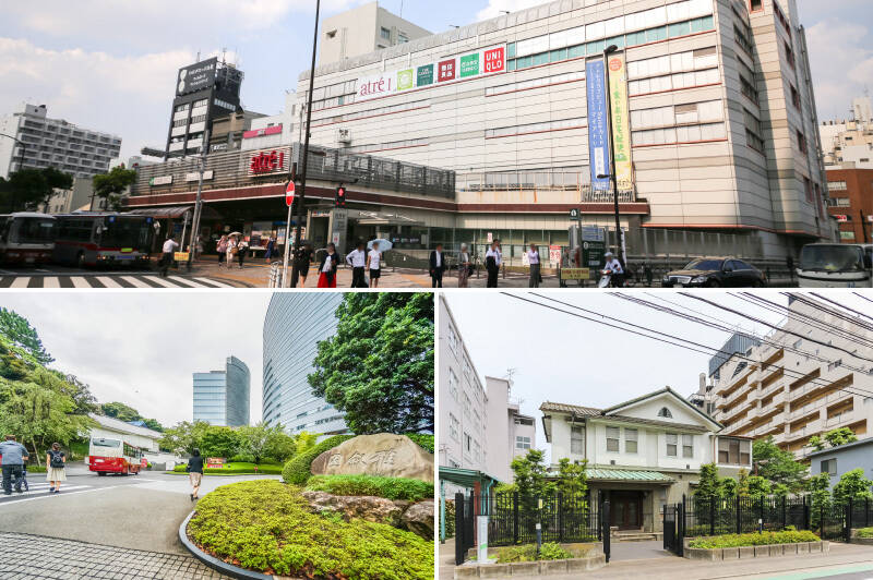 <b>上・</b>物件の最寄り駅はJR山手線、東急目黒線、東京メトロ南北線と都営三田線が乗り入れる「目黒」。（徒歩5分）／<b>左下・</b>マンションが所在するのは駅の南側。「ホテル雅叙園東京」は現在リニューアル工事中で、2027年にはヒルトン運営にて更にラグジュアリーに生まれ変わります。（徒歩7分）／<b>右下・</b>駅からはまっすぐ、通称 “ドレメ通り” 沿いを歩きます。語源はこの通り沿いに服飾学校の校舎が建ち並んでいるから（＝ドレスメーカー）。こちらは杉野学園の創設者夫妻が住んでいた「杉野記念館」。（徒歩1分）