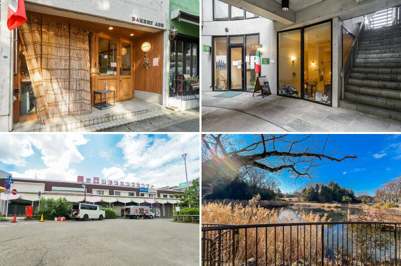 <b>左上・</b>「BAKERY ABE（ベーカリーアベ）」は地元民で賑わう人気店。 余計な材料を使わず、伝統的な製法で作られたパンが並んでいます。（徒歩7分）／<b>右上・</b>駅前にあるレストラン「ナチュラーレ・ボーノ」。バーニャカウダがおすすめ。（徒歩7分）／<b>左下・</b>駅前にある「藤が丘ショッピングセンター」。（徒歩9分）／<b>右下・</b>青葉区で一番大きな池がある「もえぎ野公園」までは徒歩7分でアクセスできます。