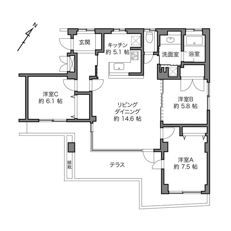 最上階・角に位置している住戸。LDKが南東向きに広く開口している3LDKで、さらに約22㎡のテラス付き！ まずはLDKから見ていきましょう。