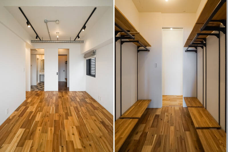 <b>左・</b>写真は分かりやすいように引き戸を開けた状態で撮影しています。部屋の奥には、洋室Ｂだけの魅惑の設備たちが……まず、右側から見てみましょう。／<b>右・</b>ジャン！ 廊下へと通り抜け可能なウォークスルークローゼットです。ここだけで約3帖の広さがあり、頼もしい収納容量です。