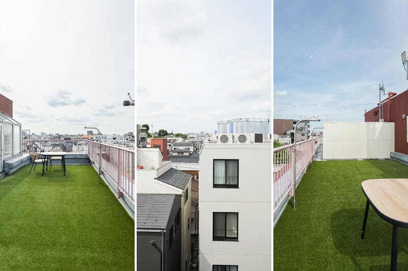 周囲は同じ目線の高さの建物か、それ以下のものが建ち並びます。特に北西側（左）にかけては、遠くまで視界の抜けが感じられる眺望です。