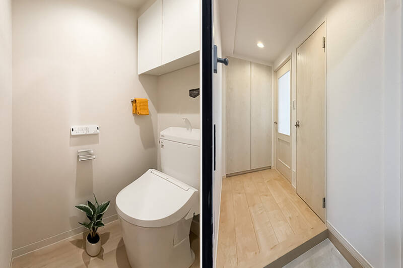<b>左・</b>トイレは廊下からアクセスします。／<b>右・</b>シューズクローゼットは玄関扉の正面に。トールタイプなので、シューズコレクターの方でもたっぷり収納できます◎