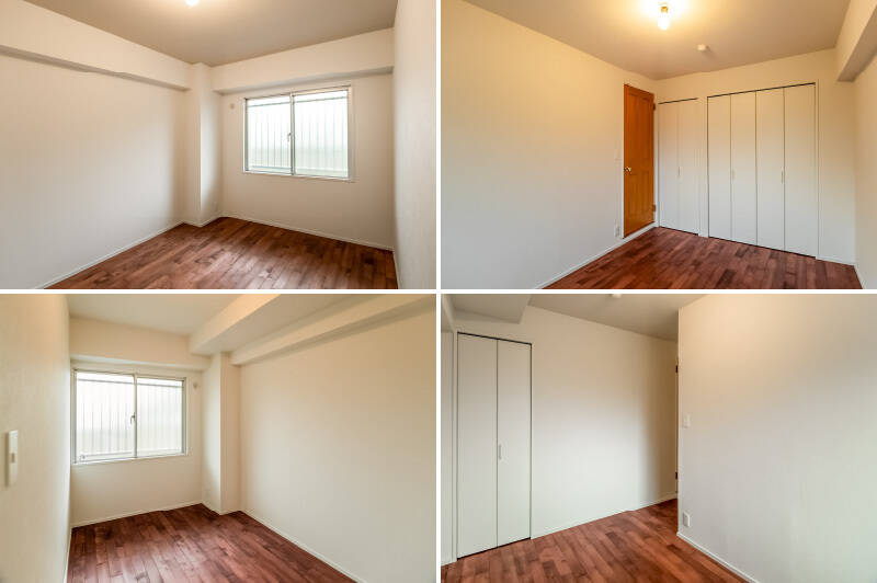 <b>上・</b>洋室は2部屋ご用意。北西向きに腰窓が配された、約5.6帖の洋室A。／<b>下・</b>折れ戸2枚分のクローゼットとコンパクトな収納を完備。約4.4帖の洋室Bにも、北西向きに腰窓とコンパクトな収納があります。