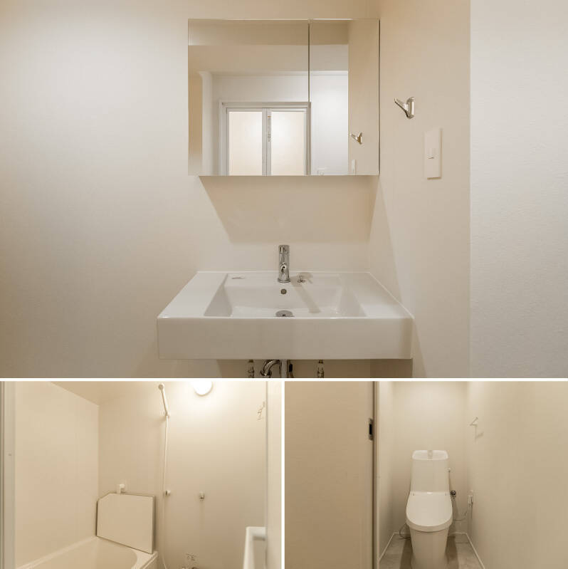 白を基調とした清々しい水まわり。ユニットバスは1116サイズです。トイレは洗面室からアクセスします。