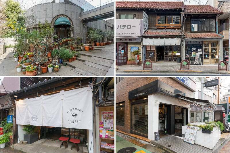 <b>左上・</b>マンション周辺には話題のビストロや隠れ家的なお店が点在。「LA BISBOCCIA（ラ ビスボッチャ）」はイタリア政府公認のレストランで、味はもちろん見た目にも美しい料理を堪能できます。（徒歩3分）／<b>右上・</b>こちらは元・古本屋を改装したカフェ「HAPPY HOUR（ハッピーアワー）」。居心地のよい空間で味わうサラダやサンドイッチが絶品です。（徒歩2分）／<b>左下・</b>その近くには長屋を改装したチーズケーキの専門店カフェ「tenement（テネメント）」も。（徒歩2分）／<b>右下・</b>さらに白金方面へ歩くと、素材にこだわった本格ハンバーガーが食べられる「Burger Mania（バーガーマニア）白金店」があります。（徒歩5分）<br>