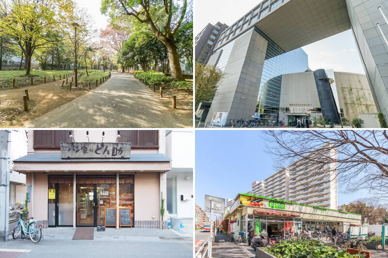 <b>左上・</b>広々とした「戸山公園」には、アスレチック広場や芝生広場、ジャブジャブ池などさまざまなエリアがあります。お子さまとの思い出作りにも、愛犬とのお散歩にもおすすめのスポットです。(徒歩10分)/<b>右上・</b>多目的施設「新宿コズミックセンター」は、屋内プールや体育館などのスポーツ施設を併設。気軽に運動できる環境が近所にあるのはうれしい!(徒歩3分)/<b>左下・</b>朝7時半から営業している「パン家のどん助」。種類豊富なお総菜パンが楽しめます。(徒歩10分)/<b>右下・</b>マンションから徒歩7分の場所には「コープみらい コープ戸山店」が。23時まで営業しているので、帰りが遅くなっても立ち寄りやすそうです。