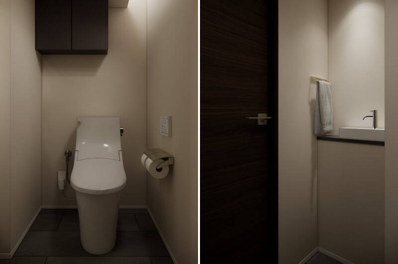 トイレには間接照明を仕込み、上品で落ち着いた雰囲気に。小さな手洗い器付きです。