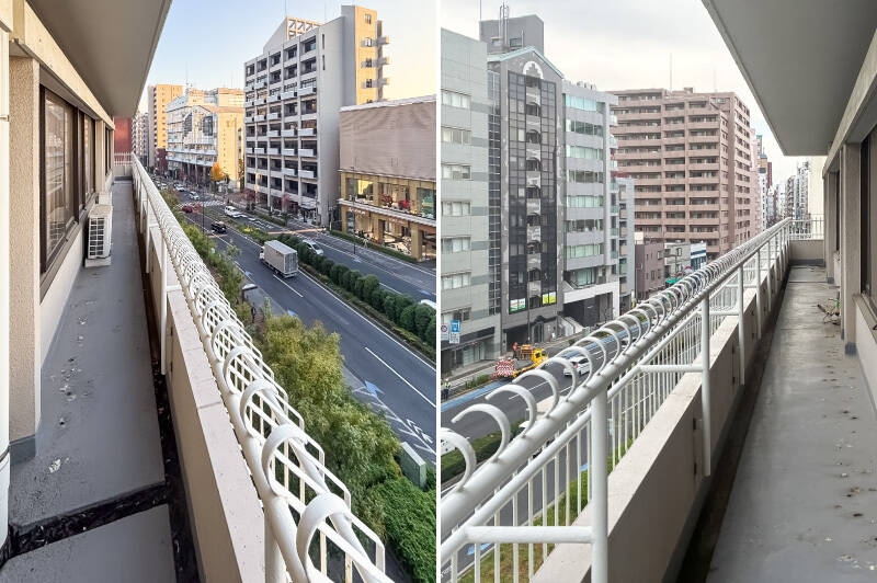 L字に配されたワイドバルコニー。南西側はLDK〜洋室B・C・Dにまたがっています。