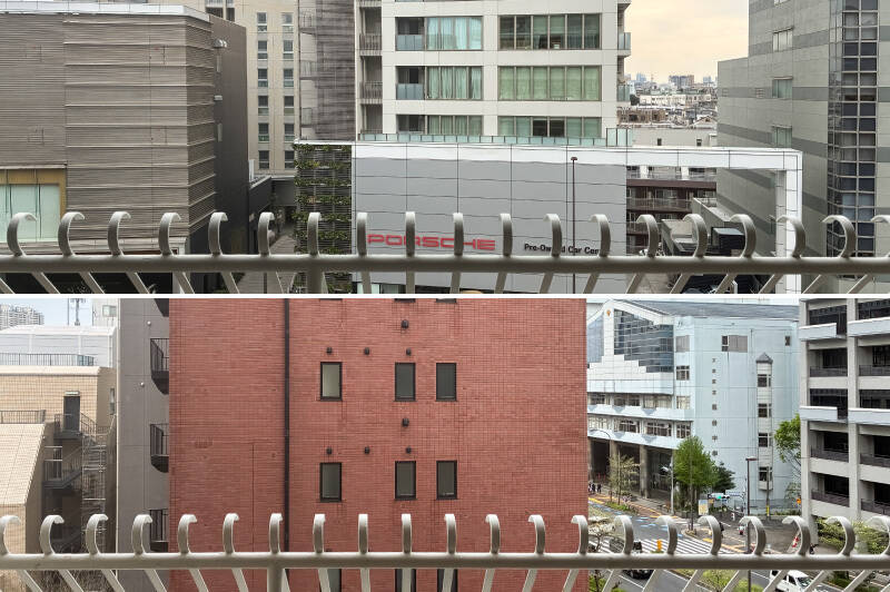 <b>上・</b>南西向きの眺望。眼下には「春日通り」があります。／<b>下・</b>南東向きの眺望。正面にはマンションが建っています。