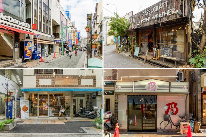 <b>左上・</b>昔ながらの賑わいが残る「綱島商店街」。物件は商店街の一部である「パデュ通り」に面し、スーパーや飲食店などが身近に揃っています。（徒歩1分）／<b>右上・</b>旅をコンセプトにした異国情緒溢れるカフェ「POINTWEATHER（ポイントウェザー）」。本格的なカレーやスイーツがおすすめです。（徒歩2分）／<b>左下・</b>揚げ物屋さん「Poccola（ポッコラ）」は、店内で食事もテイクアウトも楽しめますよ。（徒歩5分）／<b>右下・</b>魚・肉の定食などメニューが豊富で、どれを選んでも満足度が高い「乃んき食堂」。（徒歩5分）