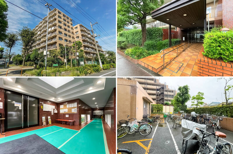 <b>左上・</b>都営三田線「志村坂上」駅から徒歩10分、「志村三丁目」駅から徒歩12分の場所に位置する、1982年竣工のマンション。「志村坂上」駅からビッグターミナルの「大手町」駅までは、乗り換えなしで乗車時間約25分。都心へダイレクトにアクセスできる、便利な立地です!/<b>右上・</b>エントランスまわりにはきれいにお手入れされた植栽が。色鮮やかで目に優しい♪/<b>左下・</b>共用ロビーはレンガタイル貼り。レトロな雰囲気で可愛らしいですね♡ 2015年に全住戸の窓・玄関扉交換工事、2017年に中規模修繕工事(鉄部防水など)の実施など、適宜必要なメンテナンスが行われています。/<b>右下・</b>2026年4月時点で、<b>駐車場・自転車置き場ともに空きがあります。</b>最新状況はお問い合わせください。