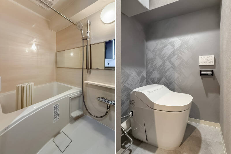 <b>左・</b>ユニットバスは浴室乾燥機を完備。/<b>右・</b>トイレは洗面室からアクセスします。