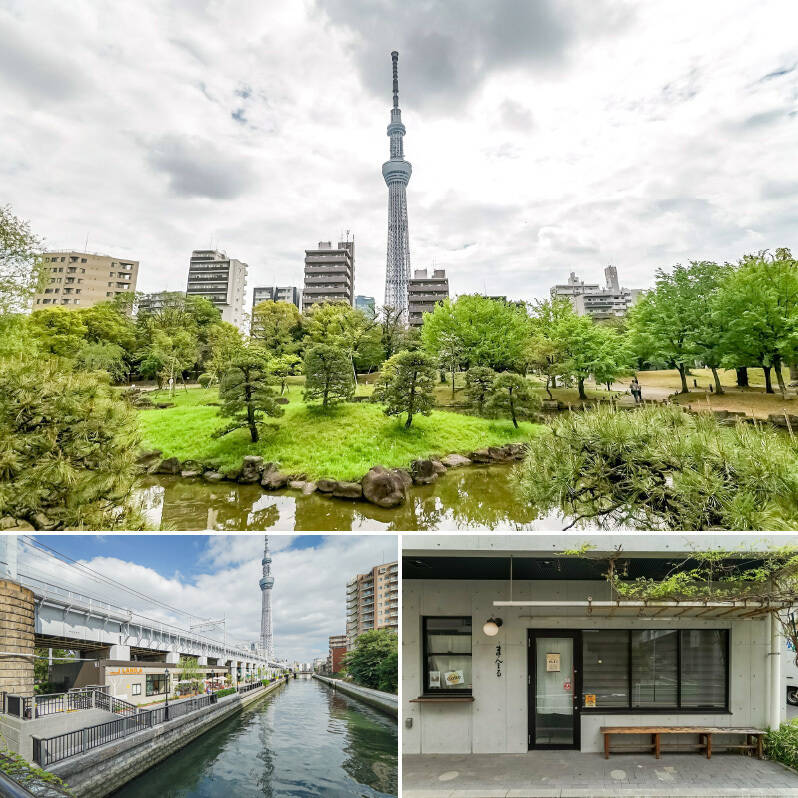 <b>上・</b>庭園越しに「東京スカイツリー」を望める「隅田公園」。広々とした芝生エリアがあり、お散歩やピクニックを気軽に楽しめます。(徒歩3分)/<b>左下・</b>2020年にオープンした水辺のショッピングモール「東京ミズマチ」。感度の高いショップやカフェ、宿泊施設などが建ち並んでいますよ◎(徒歩7分)/<b>右下・</b>「まんまる」では、彩り豊かなもなかや白玉などの和風スイーツをいただけます。(徒歩5分)
