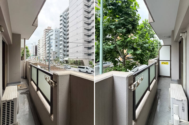 バルコニーは奥行き浅め。浴室乾燥機が付いているので、洗濯物干しはそちらを利用するのもいいかもしれません。