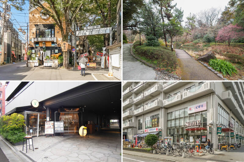 <b>左上・</b>国の重要文化財に指定された「雑司ヶ谷鬼子母神堂」へつづく「鬼子母神西参道」は、ノスタルジックな気分に浸れます。(徒歩13分)/<b>右上・</b>周辺には美しい庭園が点在。こちらは無料で入場できる「新宿区立甘泉園公園」。これからのシーズンは紫陽花が見頃を迎えます。(徒歩4分)/<b>左下・</b>売主さまがよく利用されていた「Good Morning Cafe 早稲田」。広い店内やテラスで、のんびり過ごせそうです。(徒歩10分)/<b>右下・</b>お買い物は「よしやセーヌ 目白高田店」を利用するのが便利。横にドラッグストアもありますよ。(徒歩4分)