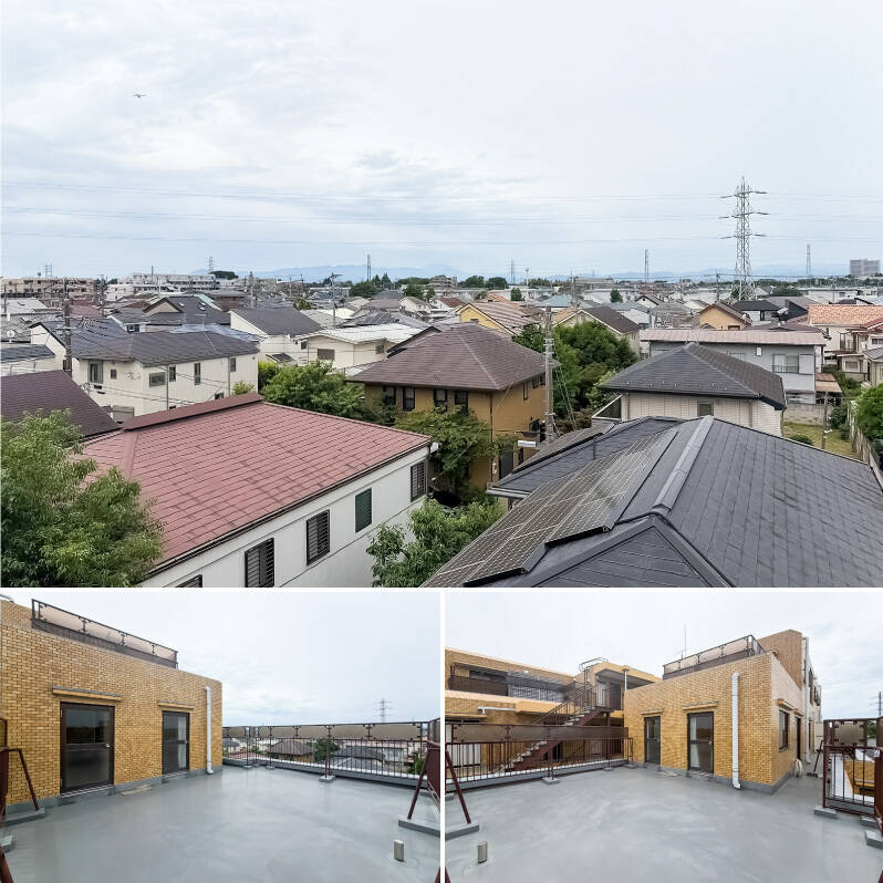 <b>上・</b>遠く埼玉方面の山脈まで見渡せる清々しい景色。穏やか〜な気持ちになりますね。/<b>下・</b>住宅街からの視線は気になりませんが、吹き抜けの非常階段が横に見えたり、上階のルーフバルコニーが見えたり。常識の範囲内で騒がず使うのがいいですね!