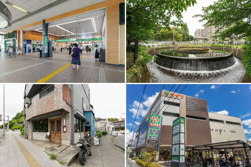 <p><b>左上・</b>最寄りの東急田園都市線・大井町線「溝の口」駅までは徒歩12分。JR南武線「武蔵溝ノ口」駅も徒歩13分と、2駅3路線が利用可能です。／<b>右上・</b>「久地円筒分水」は戦前の水争いを無くすために作られた、日本一美しいとも称される円筒状の分水施設。春には周辺の桜が見事に咲き誇り、日常の散歩コースに心地よい潤いを添えてくれる地域のシンボルです。（徒歩4分）／<b>左下・</b>近所にある「BUBBLE HOUSE（バブルハウス）」は、ビンテージ家具に囲まれながらフードとドリンクをたしなむことができる隠れ家的カフェ。（徒歩2分）／<b>右下・</b>日々のお買い物は「LIFE（ライフ）溝口店」へどうぞ。（徒歩7分）</p>