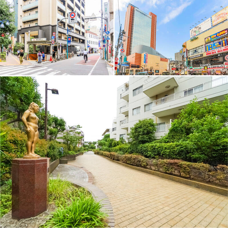 <b>左上・</b>物件の最寄りは田園都市線のローカル駅「池尻大橋」（徒歩10分）。お隣「渋谷」のグラデーションがかかって感度高めのお店が点在していますが、そこまで人が多くないところが暮らしの上で好印象。／<b>右上・</b>さらに、昼夜賑わう「三軒茶屋」駅も徒歩圏内（徒歩15分）。／<b>下・</b>「池尻大橋」駅と物件との間には「目黒川緑道」「烏山川緑道」というふたつの遊歩道が連なっています。季節によっては植物園レベルで花が咲き乱れる癒し空間ですので、きっと歩くのが楽しくなりますよ♡（徒歩1分）