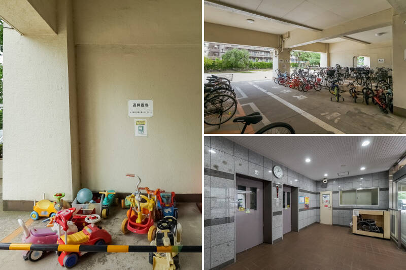 <p><b>左・</b>マンション1階の公園スペース横には「遊具置き場」があり、居住者同士でシェアできるようになっています。／<b>右上・</b>自転車置き場内には、お子さま専用の区画を用意。／<b>右下・</b>エレベーターホールには、無償で一時利用できる車椅子が備えられています。</p>