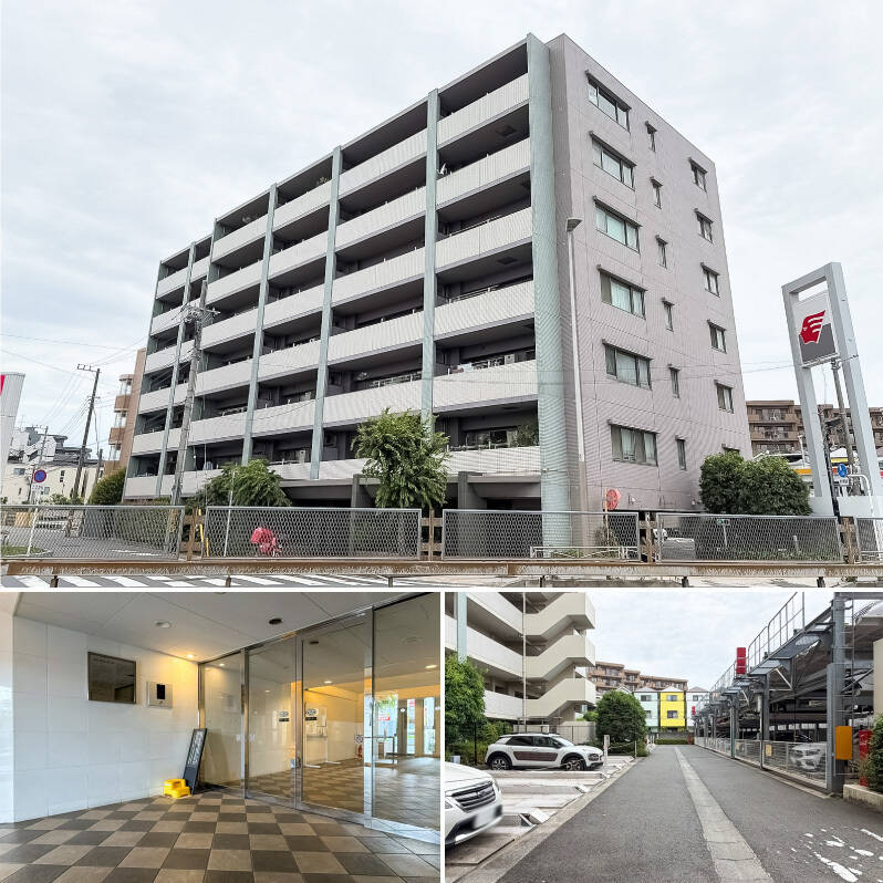<b>上・</b>今回ご紹介するのは、東急田園都市線・大井町線「高津」駅、「二子新地」駅から徒歩13分に位置する、2002年竣工のマンションです。「二子玉川」駅までは徒歩20分の距離。自転車があれば、さらに快適に “ニコタマ” も日常の一部にできる立地◎／<b>左下・</b>オートロック付きのエントランス。平成築ということもあり、共用部はまだまだ若々しい印象です。／<b>右下・</b>なんとこちらの物件、<b>駐車場が1台無料で使用できます！</b> これはなかなか珍しいのではないでしょうか。2026年6月時点で駐車場、そして自転車置き場ともに空きがございます。最新の空き状況はお気軽にお問い合わせくださいね。