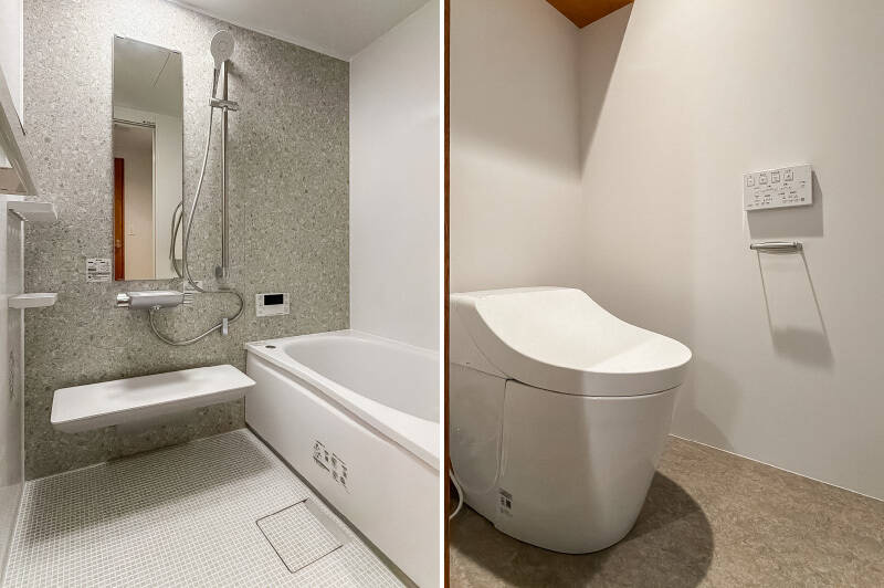 洗面脱衣室から、浴室・トイレにアクセス可能。1216サイズのユニットバス、タンクレストイレが備わっています。