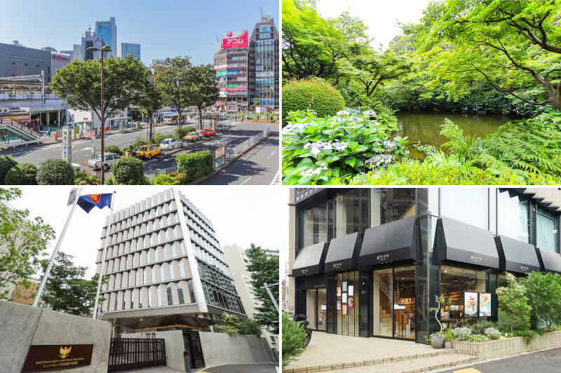 <b>左上・</b>最寄りはJR山手線、東急池上線、都営浅草線が乗り入れる「五反田」駅で、徒歩8分の距離。渋谷まで3駅＆品川まで2駅というアクセスのよさが自慢です。／<b>右上・</b>四季折々の花を楽しめる「池田山公園」は、備前岡山藩主の池田家屋敷跡を整備した庭園。じつはパワースポットとしてもちょっと知られるスポットです。（徒歩5分）／<b>左下・</b>物件のすぐご近所には「駐日インドネシア共和国大使館」の姿が。大使館がある街ってテンションが上がりますよね。（徒歩2分）／<b>右下・</b>レストラン「gicca（ジッカ）池田山」では、世界の家庭料理やケーキが楽しめます。広い店内には珍しい調味料などを扱うショップコーナーも。（徒歩3分）