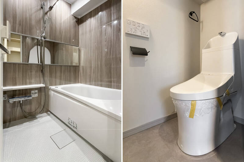 <b>左・</b>1216サイズのユニットバス。浴室乾燥機付きです。／<b>右・</b>トイレは廊下からアクセスします。