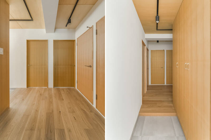 <b>左・</b>正面の扉の先は洋室B、右手の扉の先はそれぞれトイレと洗濯機置き場につながっています。／<b>右・</b>壁面にはトールタイプのシューズクローゼットが。家族全員分の靴をすっきり安心して収納できるサイズ感です◎