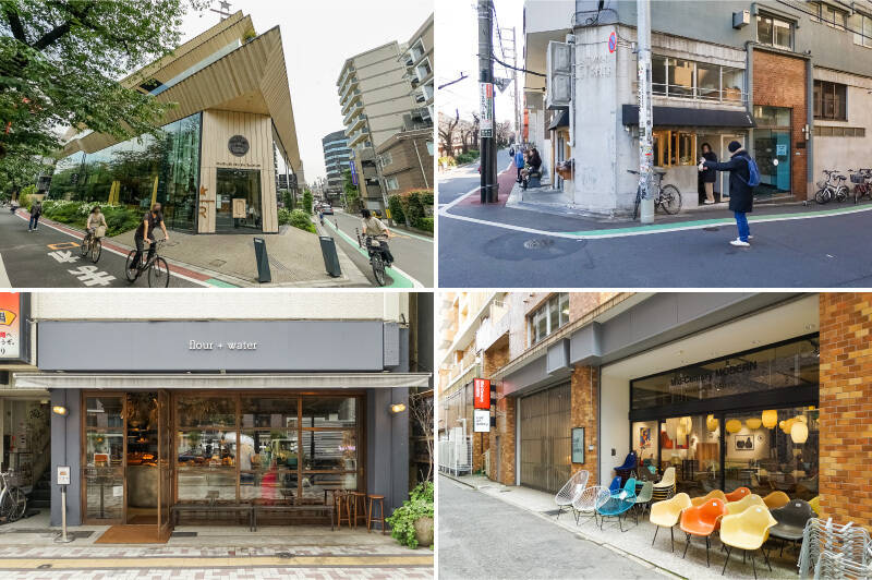 <b>左上・</b>ワクワクする内装デザイン＆限定メニューを堪能できる「STARBUCKS RESERVE(R) ROASTERY（スターバックス リザーブ ロースタリー） TOKYO」。春はテラス席から桜を楽しめますよ！（徒歩6分）／<b>右上・</b>目黒川沿いにあるエスプレッソとクラフトビール、サンドウィッチのお店「SIDEWALK COFFEE STAND（サイドウォーク コーヒー スタンド）」。（徒歩1分）／<b>左下・</b>ベーカリーカフェ「flour+water（フラワーアンドウォーター） 中目黒」。ブランチセットや薪窯で焼いたピザを楽しめますよ。（徒歩3分）／<b>右下・</b>マンション裏の通りにある「MID-Century MODERN（ミッドセンチュリーモダン）」。世界各地のミッドセンチュリーデザインを取り扱う家具屋です。（徒歩1分）