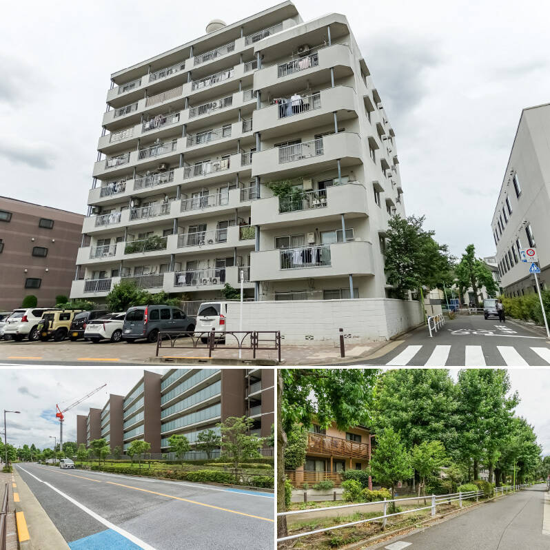 <b>上・</b>1973年竣工、総戸数41戸。最寄りの小田急小田原線「経堂」駅から徒歩5分の立地です。／<b>左下・</b>マンション前は並木道がつづく「ユリの木通り」に面しています。東急世田谷線「山下」駅方面へとつづく、気持ちのいいお散歩ルート。／<b>右下・</b>マンション裏手には「北沢川緑道」もあり、緑を身近に感じられる住環境です。