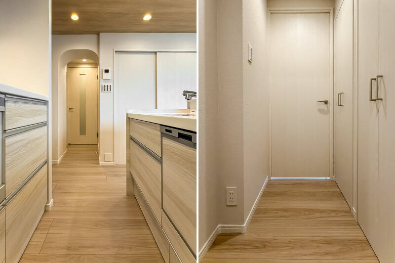 <b>左・</b>キッチンから玄関側を見たカット。写真の左側にはふたつの個室が並びます。/<b>右・</b>それでは、廊下の奥にある洋室からご案内。手前には開き扉の収納がふたつ並びます。