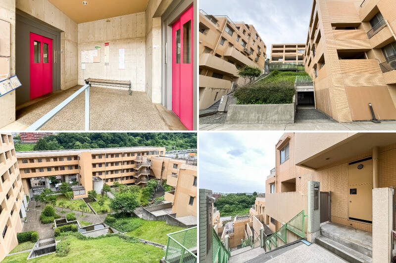 <b>左上・</b>エレベーターは斜行式。斜面に沿って移動するので、ちょっとしたアトラクション気分に。/<b>右上・</b>住戸所在の13階までは、エレベーターと階段を使ってアクセスします。/<b>左下・</b>傾斜地に建つマンションであることがよくわかるカット。共用部は緑が多く気持ちがいいですね。/<b>右下・</b>住戸前には門扉が設置されています。プライバシーや防犯面に配慮された造りです。