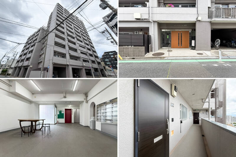 <b>左上・</b>1971年に竣工した、総戸数86戸のマンション。／<b>右上・</b>エントランスまわりはきれいに改修済みです。／<b>左下・</b>共用ロビー。／<b>右下・</b>ご紹介した住戸は12階部分に所在します。玄関扉はダブルロック式のものに交換済みです。