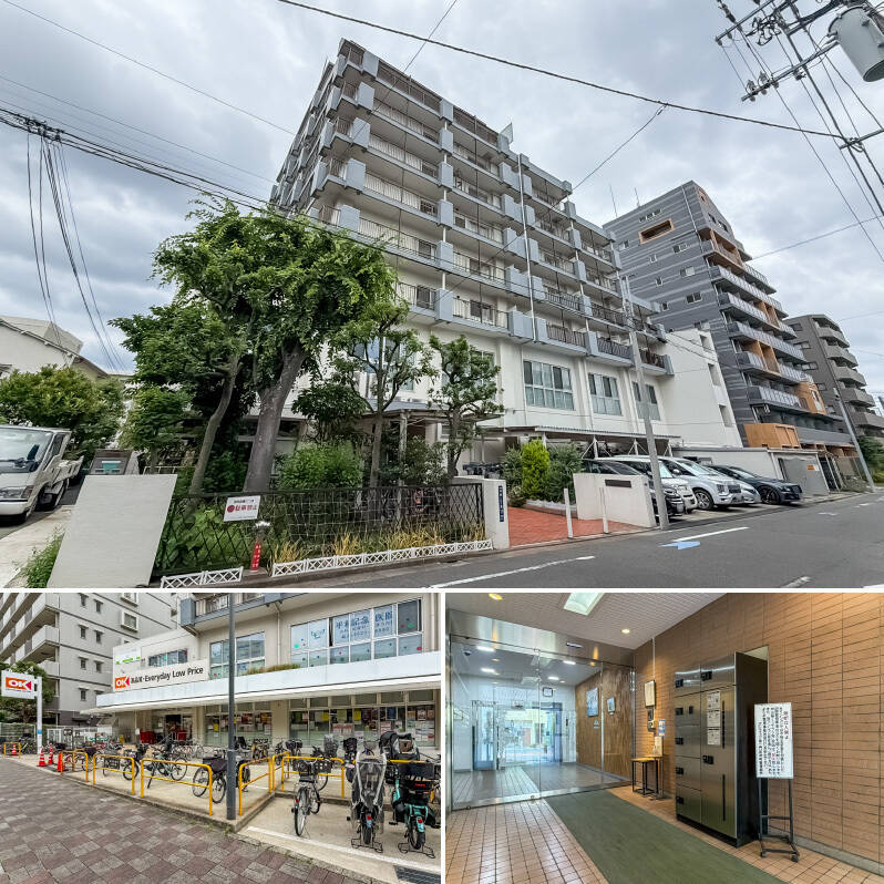 <b>上・</b>東京メトロ半蔵門線・都営大江戸線「清澄白河」駅から徒歩7分。1980年竣工、総戸数56戸のマンションです。/<b>左下・</b>エントランスと反対側のマンションの1階には、「オーケー 平野店」が入居しています。天候に左右されず、いつでも買い物に行きやすい点は、売主さまも便利と仰っていました。/<b>右下・</b>エントランスにはオートロック、宅配ボックスを完備。管理人さんは週6日、9〜17時で勤務されています。