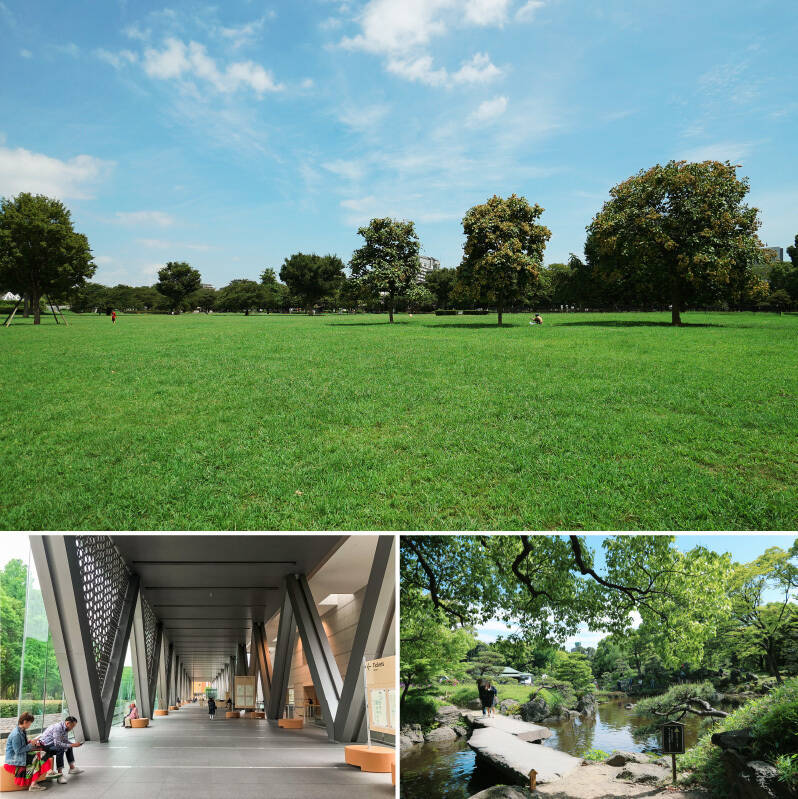 <b>上・</b>約24万㎡の広大な敷地を誇る「木場公園」。園内にはテニスコートやバーベキュー場、ドッグランなど充実した施設が揃っています。売主さまは休日にご友人とのバーベキューやピクニックなどで利用されているようです。(徒歩4分)/<b>左下・</b>木場公園に隣接する「東京都現代美術館」。日々の暮らしにアートを取り入れてみるのはいかがでしょうか?(徒歩5分)/<b>右下・</b>伝統的な造園が見られる「清澄庭園」。隣接する「清澄公園」には運動広場もあり、近隣住民の憩いの場となっています。(徒歩12分)