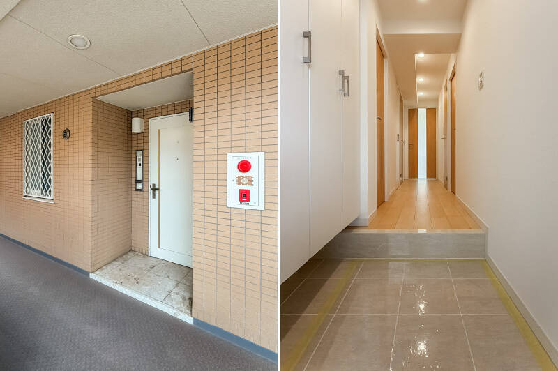 <b>左・</b>共用廊下までタイル貼り仕様。白い斜めの面格子や玄関前の石調タイル敷きなど、随所にこだわりが散りばめられています♡／<b>右・</b>玄関にはフロートタイプのシューズボックスを完備。