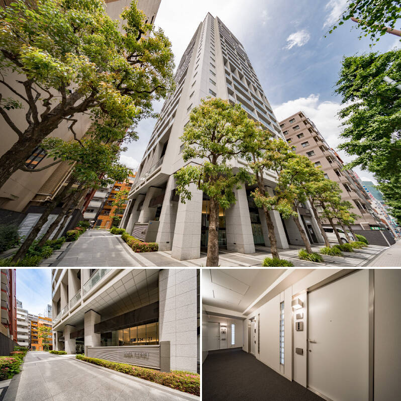 地下3階付き地上25階建て、全164戸が入る大型マンションです。コンシェルジュサービスが提供されており、21・22階にはゲストルーム付きスカイラウンジ（有料）を併設しています（使用料あり）。また駐車場は機械式で、ハイルーフが月額57,000円、ロールーフが52,000円。2026年5月時点でロールーフ（全長5,300mm、幅1,950mm、高さ1,550mmまでの車両を収容可能）に空きがあります。最新の空き状況やサイズ制限はお問い合わせください。