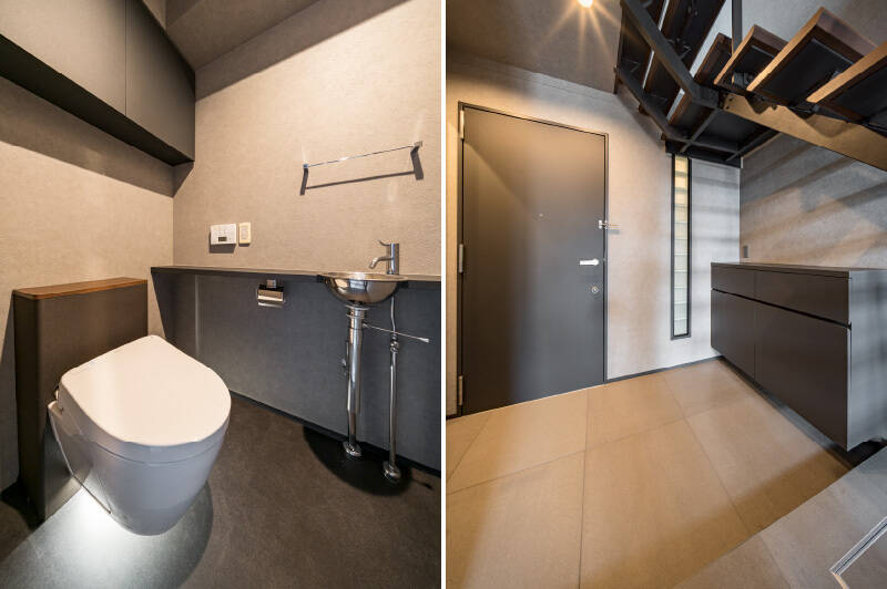<b>左・</b>ゲストも利用しやすいよう、トイレは玄関の横に独立しています。手洗いカウンター付き。／<b>右・</b>共用廊下でも確認できた、ガラスブロックがデザインのアクセント。土間は広いので、雨の日のお散歩後も快適にペットの足を拭いてあげられますね。