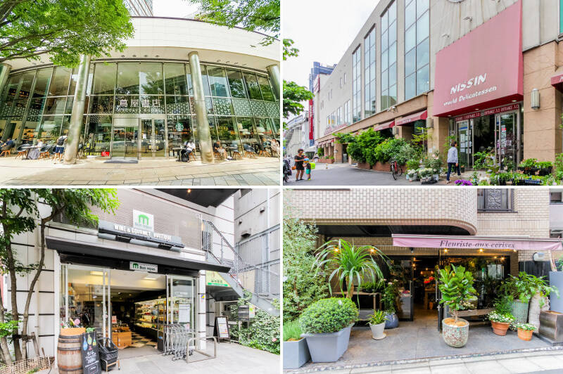 <b>左上・</b>「六本木 蔦屋書店」までは徒歩11分。お散歩にちょうどいい距離感です。／<b>右上・</b>スーパーの選択肢は豊富ですが、中でも「日進ワールドデリカテッセン」は精肉会社が運営しているだけあり、お肉やシャルキュトリーが豊富です。（徒歩7分）／<b>左下・</b>豊富なワインの品揃えだけでなく、ワインと共に楽しむ “おいしい食卓” を提供するデリカテッセン「Bon repas（ボンルパ）麻布十番店」。（徒歩4分）／<b>右下・</b>“花のある暮らし”、その喜びを日常に…… ということで、選び抜いた植物だけを買い付けているというこだわりのお花屋さん「Fleuriste aux cerises（フローリストオースリーズ）」。（徒歩3分）