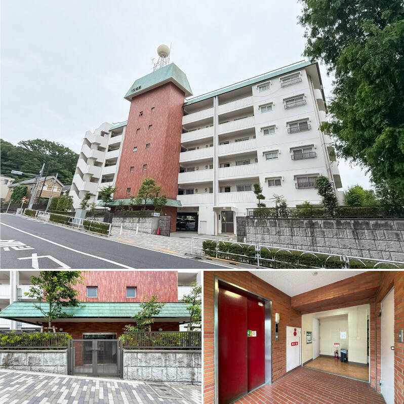 「二子玉川ライズ」の敷地を横断する駒沢通り沿いに建つ、1976年竣工、全31戸のマンションです。白い塗装壁の真ん中にタイル張りの塔が立ち、緑の屋根をかぶっているのがチャームポイント。門扉をくぐるとエントランスがあり、管理人さんは平日5日間いらっしゃいます。エレベーターに乗り込み、住戸のある3階へ。