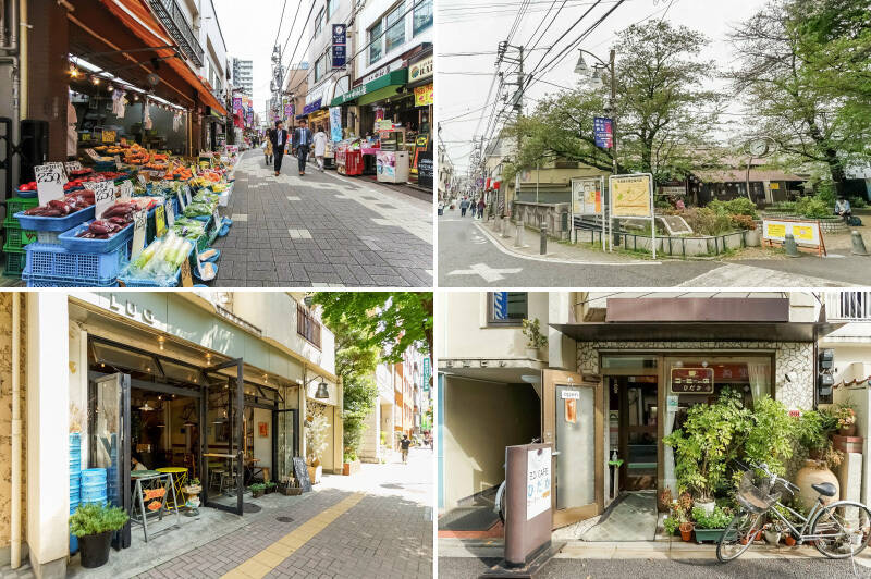 <b>左上・</b>京王新線「幡ヶ谷」駅から北側に広がる、「幡ヶ谷六号通り商店街」。八百屋や老舗の時計店、個人経営のレストランや居酒屋が並んでいます。(徒歩7分)/<b>右上・</b>商店街を横切る「玉川上水旧水路緑道」はお散歩コースにぴったり。2026年6月時点で、一部再整備工事が行われています。(徒歩7分)/<b>左下・</b>朝8時から営業しているカフェ「LUG HATAGAYA(ラグ 幡ヶ谷)」。仕事終わりのディナーにも◎(徒歩4分)/<b>右下・</b>喫茶店「ひだか」。マスターが新聞をめくる音、そしてご近所さんの話し声。心地よい空間につい長居してしまいそう。(徒歩9分)