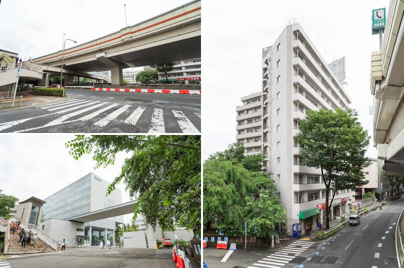 <b>左上・</b>駅からフラットな道を歩いてゆくと、国道20号＋高速道路を越える大きな歩道橋が。ちなみに、毎日使うことになるこの歩道橋は今後拡幅工事が予定されており、さらに使いやすくなる予定とのこと。／<b>左下・</b>歩道橋を下りれば「明治大学 和泉キャンパス」入口です。そして……／<b>右・</b>そのすぐお隣に、ご紹介するマンションが佇んでいます。1971年生まれ、総戸数142戸の大規模コミュニティです。
