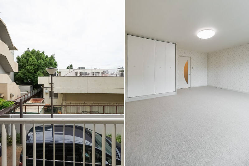 <b>左・</b>北東向きの窓の正面にはマンションのお隣の子ども園が見えています。/<b>右・</b>北向きの窓側からのカット。