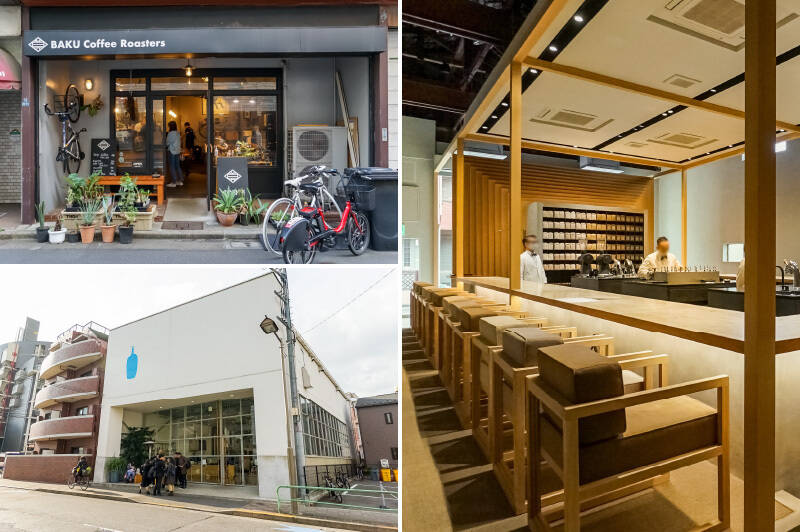 <b>左上・</b>本格コーヒーが味わえる「BAKU Coffee Roasters 莫珈琲焙煎所」は徒歩4分。もちろんコーヒーも魅力ですが、しっかりめのカラメルがかかったプリンも絶品です！／<b>左下・</b>お次は「清澄白河」方面へ。全国的に知られるコーヒーブランド「ブルーボトルコーヒー」の日本1号店、「ブルーボトルコーヒー 清澄白河フラッグシップカフェ」。（徒歩15分）／<b>右・</b>コーヒー好きなら一度は訪れてみたい「KOFFEE MAMEYA Kakeru（コーヒー マメヤ カケル）」。コーヒーのフルコースというユニークな体験が楽しめます。（徒歩13分）