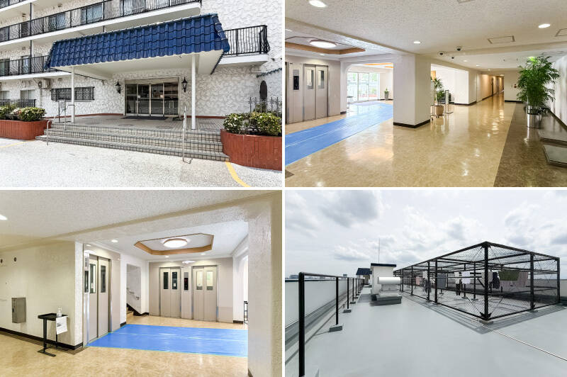 <p><b>左上・</b>エントランスでは青い屋根瓦がお出迎え。/<b>右上・</b>広々としたエントランスホール。/<b>左下・</b>エレベーターは3基設置されています。/<b>右下・</b>屋上には共用の物干し場が。</p>