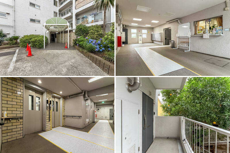 <b>左上・</b>アーケード状の屋根が印象的なエントランスアプローチ。／<b>右上・</b>共用ロビーには、宅配ボックスが完備。管理人さんは住み込みで、週6日の勤務です。／<b>左下・</b>2基あるエレベーターは、偶数階用と奇数階用に分かれています。／<b>右下・</b>角住戸のため、共用廊下の突き当たりに位置します。玄関ドアは2013年に交換済みで、テレビモニター付きインターホンも備わっています。