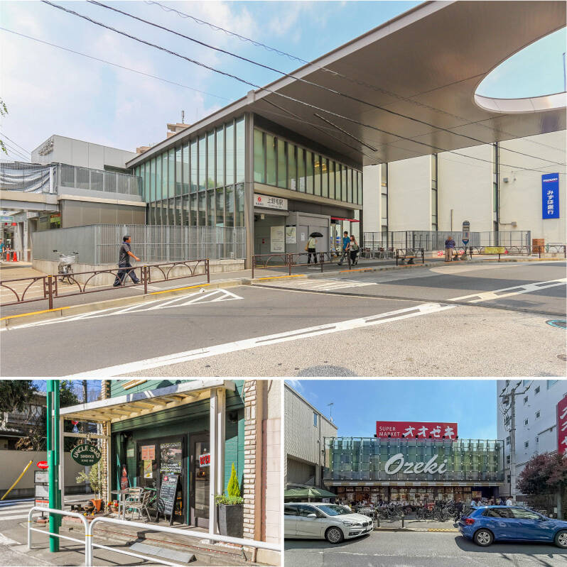 <b>上・</b>今回ご紹介する物件は、東急大井町線「上野毛」駅から徒歩2分。「環八通り」沿いに建つマンションの一室です。／<b>左下・</b>サンドウィッチ専門店「UNCLE SAM'S SANDWICH（アンクルサムズ サンドウィッチ）」。テイクアウトして、「二子玉川公園」や「多摩川河川敷」でピクニックがてら楽しむのはいかが？（徒歩2分）／<b>右下・</b>「上野毛通り」沿いに位置する「オオゼキ 上野毛店」。日々のお買い物に便利ですよ。（徒歩3分）
