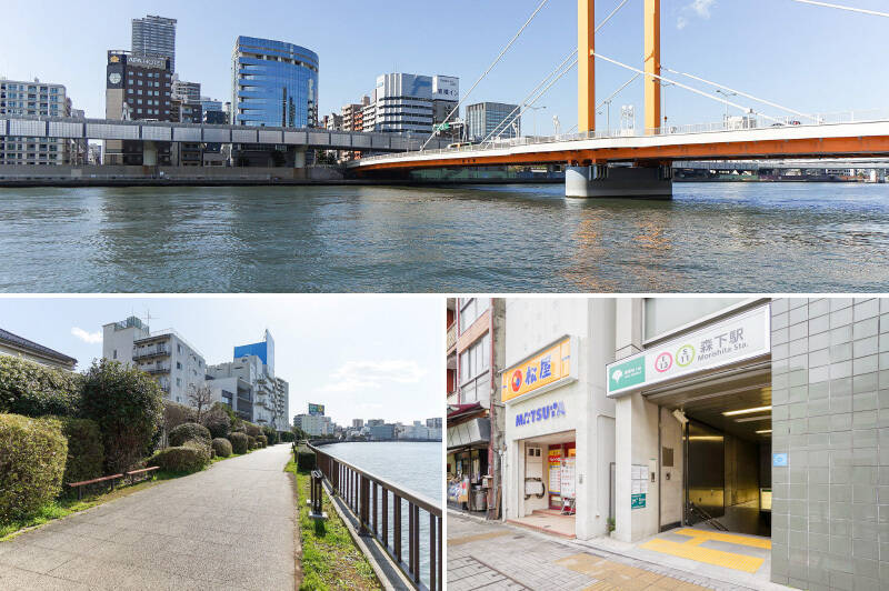 <b>上・</b>往年の名作ドラマ「ロングバケーション」のロケ地でもある「新大橋」。ご紹介するマンションからは、橋を間近に望むことができます。(徒歩1分)/<b>左下・</b>川の両岸は「隅田川テラス」としてきれいに整備されており、風を感じながらのお散歩にぴったりです。(徒歩1分)/<b>右下・</b>最寄りの都営新宿線・大江戸線「森下」駅までは徒歩5分。